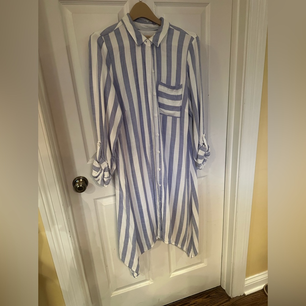 Blue and White Striped Shirt Dress